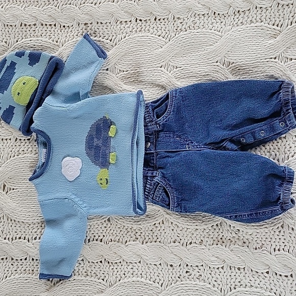 GAP Baby Gap 3-6 Month Boy One Pair Of Jeans Turtle Sweater With Knit Turtle Cap - Picture 1 of 10